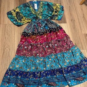 WHITE WAVES Boho Tiered dolman tie waist Maxi Dress TEAL MULTI POLY SILK